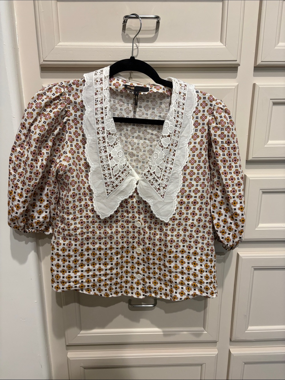 Maje Cream Floral Puff-Sleeve Blouse with Lace Collar